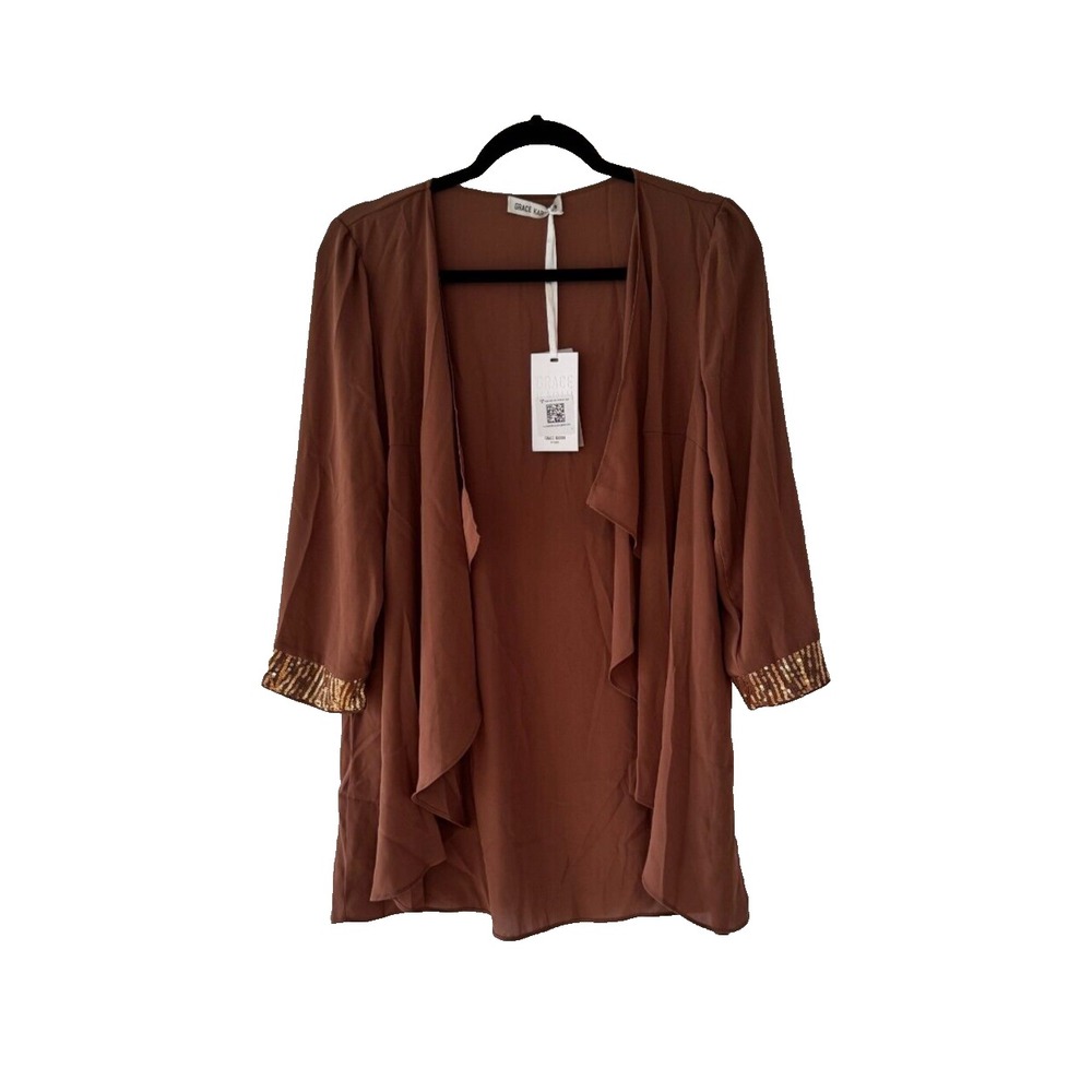 Grace Karin Brown Open Front Waterfall Cardigan Sequin Cuff Brown Medium NEW